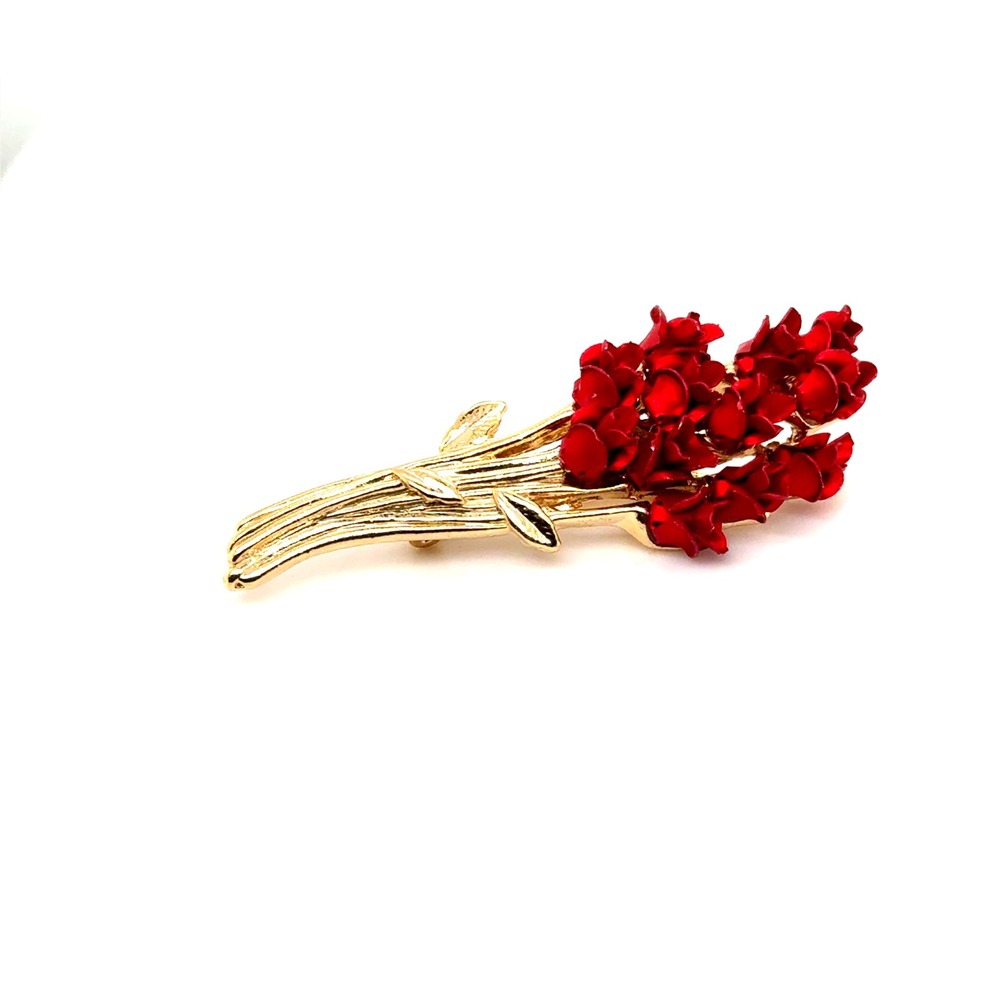 Vintage Gold Tone Red Enamel Rose Bouquet Floral Brooch Pin Accessory